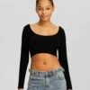 BERSHKA With Low-Cut Neckline - Cropped - Trui - Black