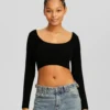 BERSHKA With Low-Cut Neckline - Cropped - Trui - Black