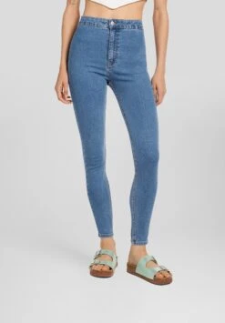 BERSHKA Super High Waist- Slim Fit Jeans - Light Blue Denim